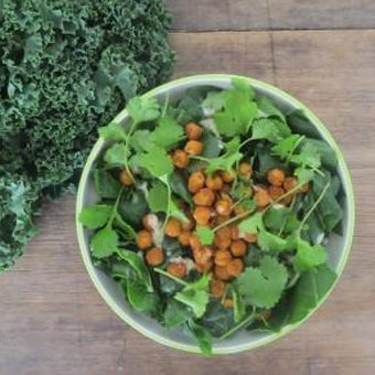 Spiced chickpea and kale salad with lemon-tahini dressing.